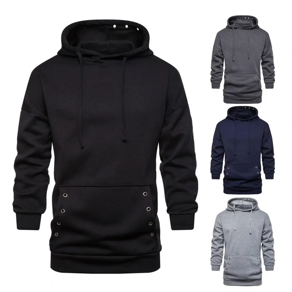 Front Pocket Drawstring Pullover Hoodie Long Sleeve Solid Color Metal Holes Hooded Sweatshirt Male Clothing