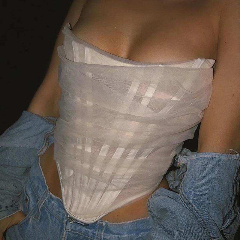 

Women Corset Crop Tops Sexy Off Shoulder Mesh Fishbone Push Up Bustier Tank Tops Backless Zipper Summer Streetwear Clubwear