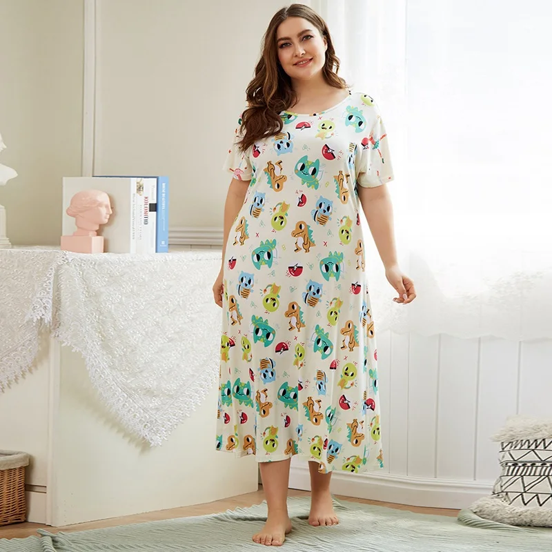 

Fashion Cartoon Print Sleepwear Women Summer Short-sleeve O-neck Nightgowns Loose Short-sleeved nightdresses