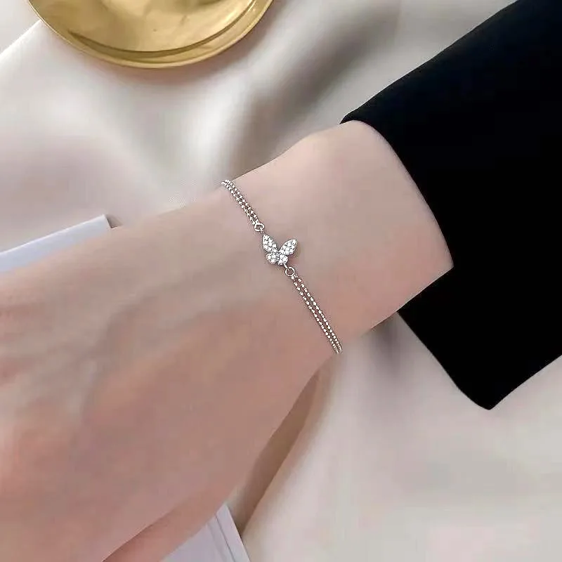 

Shiny Zircon Butterfly Bracelet for Women Silver Color Double Layer Chain Bracelet Korean Style Elegant Beads Bracelet Jewelry