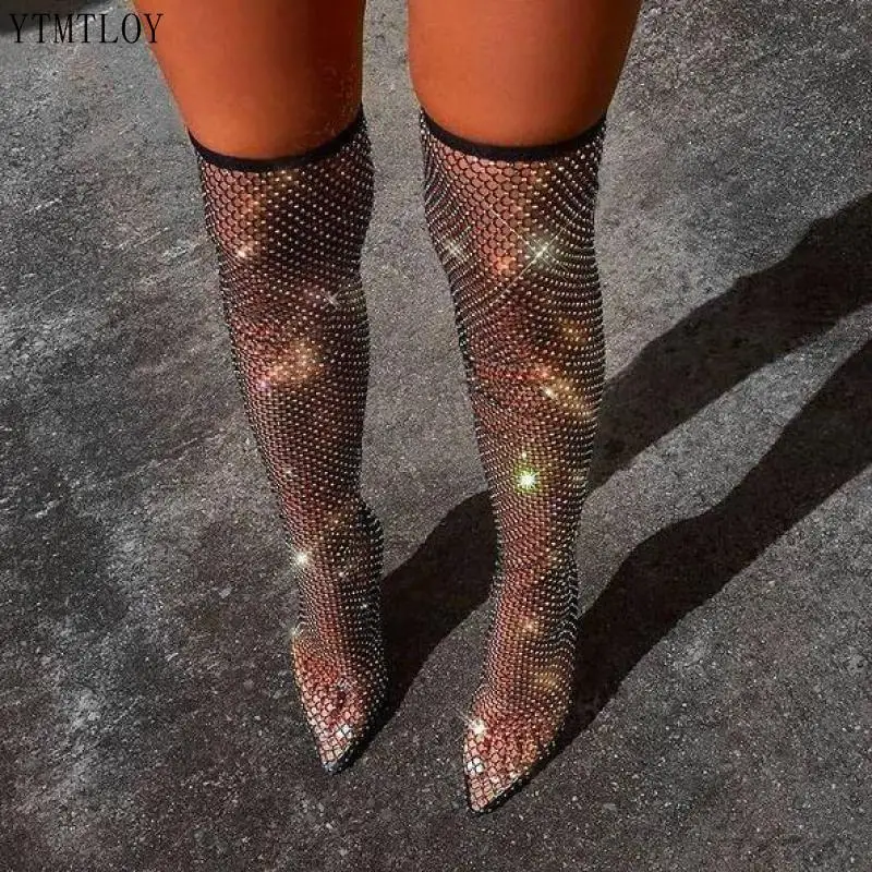 Great Quality Brand Sexy Female Long Boots Knee The Thin Heel Gothic Mesh Crystals Ytmtloy Sandals Zapatos Transparentes De Muje | Обувь