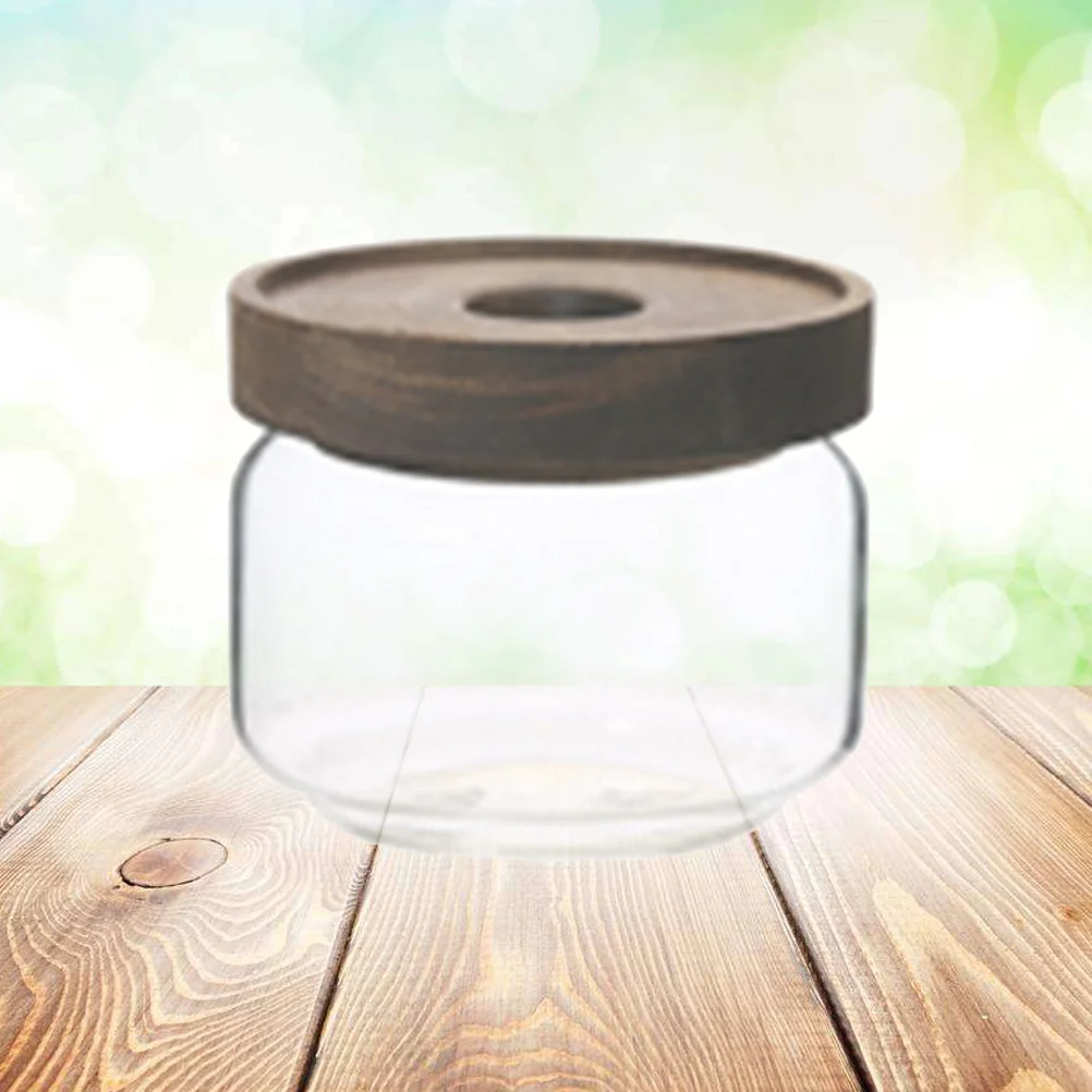 

350ML Wooden Lid Candy Jar High Borosilicate Transparent Glass Storage Tank Portable Food Grain Container (9x7.5cm)