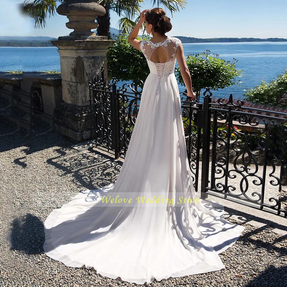 

Wedding Gown Modest A Line Chffion Scoop Sleeveless Bridal Dress Sweep Train Vestido De Novia Playa Floor Length White Ivory