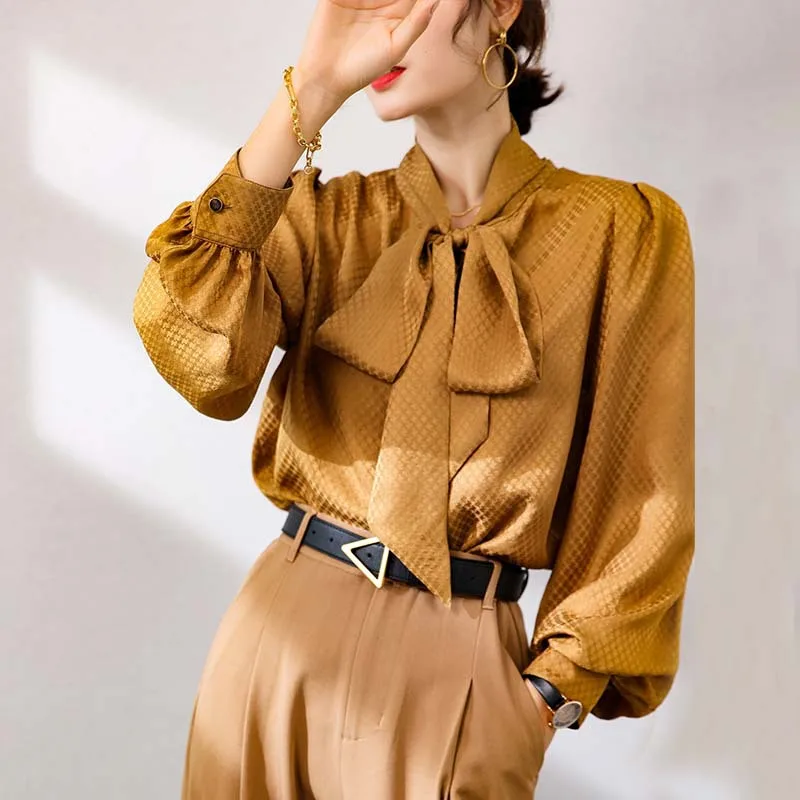 

golden dog tooth ribbon mulberry women silk blouse high quality long sleeve oversize sexy fashion office casual dress shirts