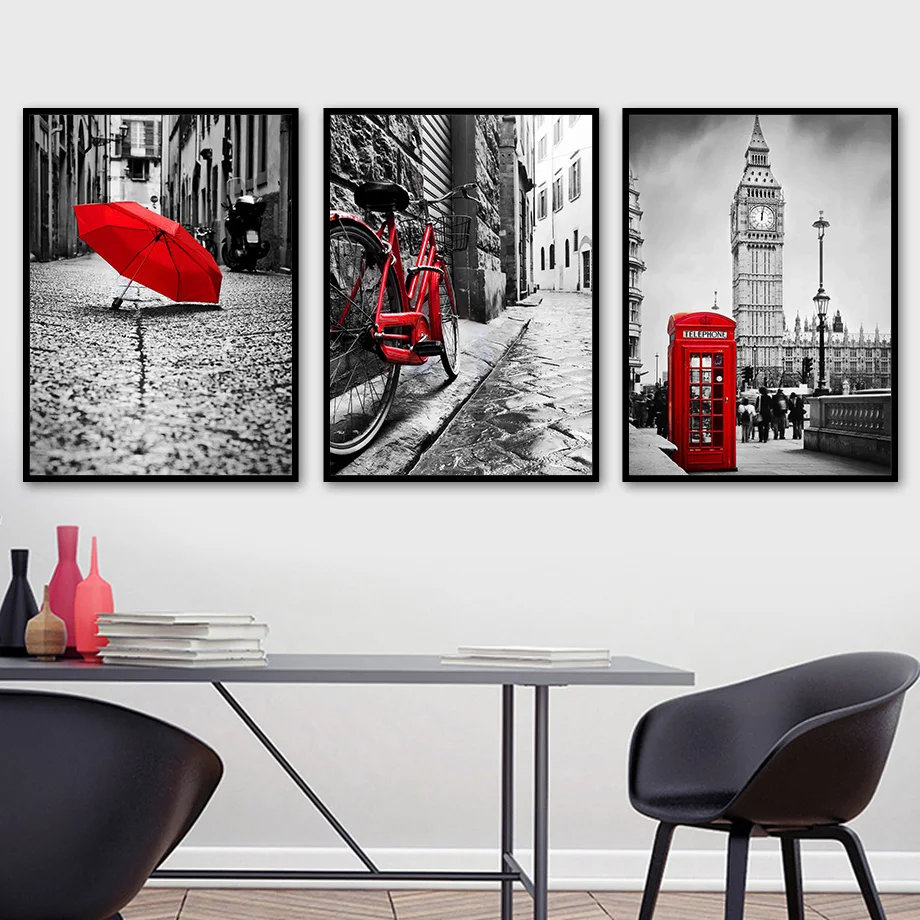 

Elizabeth Tower Road Umbrella Bike Sky Wall Art Canvas Painting Nordic Posters And Prints Wall Pictures For Living Room Decor