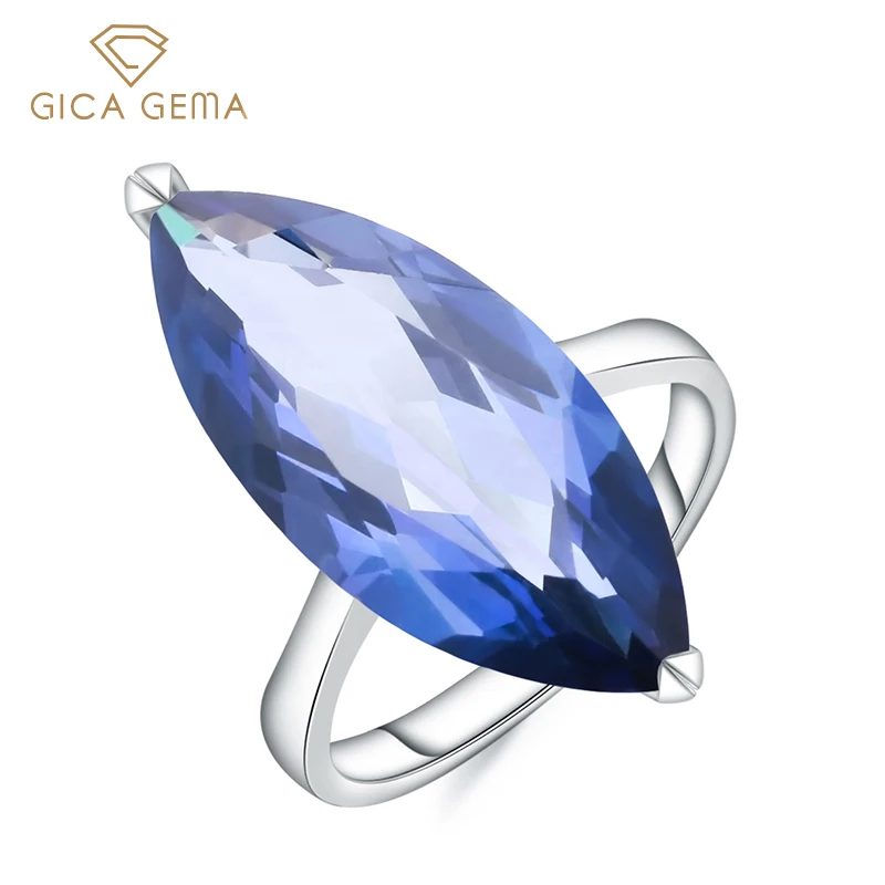 

GICA GEMA 925 Sterling Silver Ring For Women 11.45ct Natural Blue Mystic Quartz Gemstone Wedding Anniversary Party Jewelry Gifts