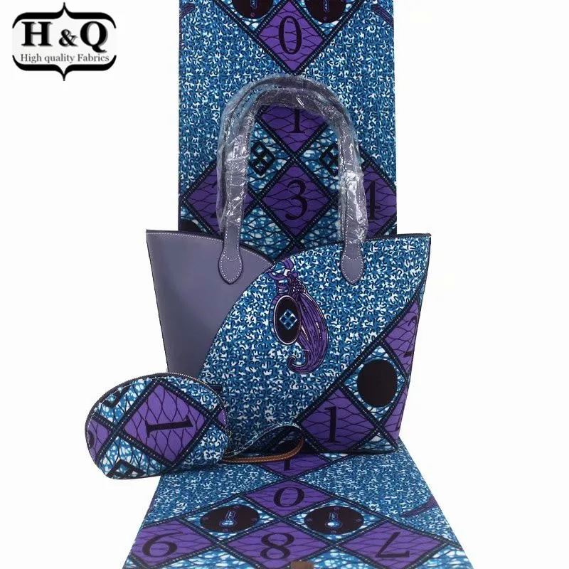 

H&Q fashion african wax bags three-piece high quality 6 yards/lot real print wax fabric match big handbag and small wallet H0120