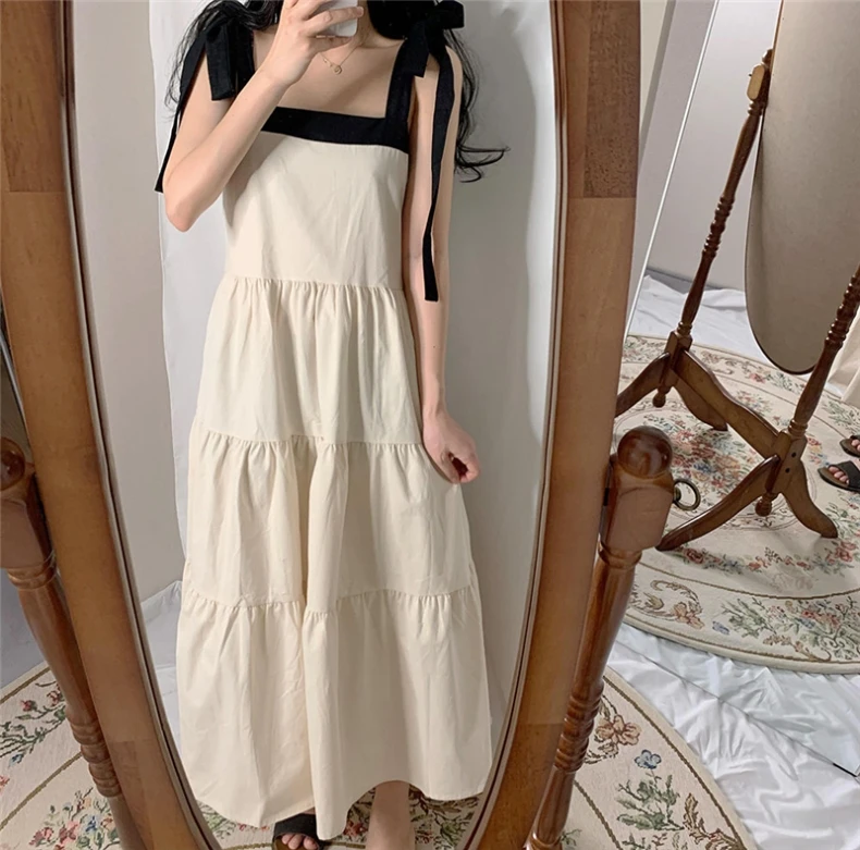 

Bandage Bow Summer Dress Sweet Bow Square Collar LOOSE Plus Size Dress Patchwork Long Dress Korea Casual Women's Dresses