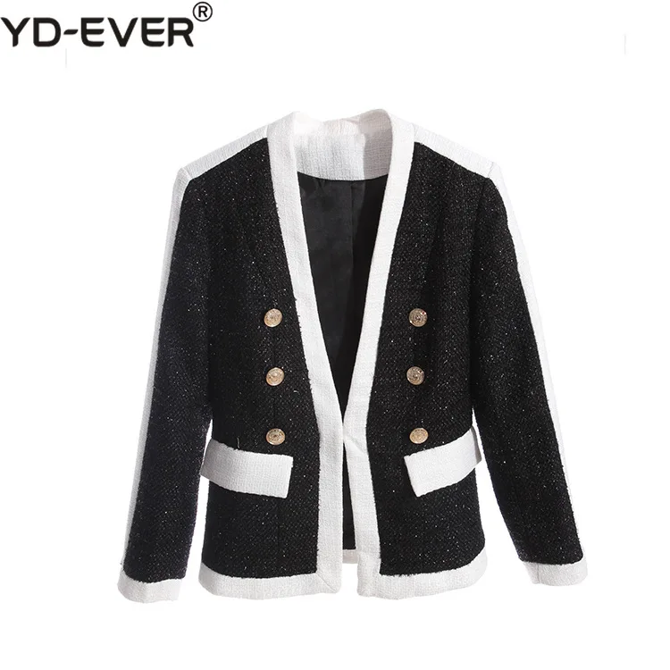 Женское твидовое пальто в стиле пэчворк черная и белая двубортная шерстяная