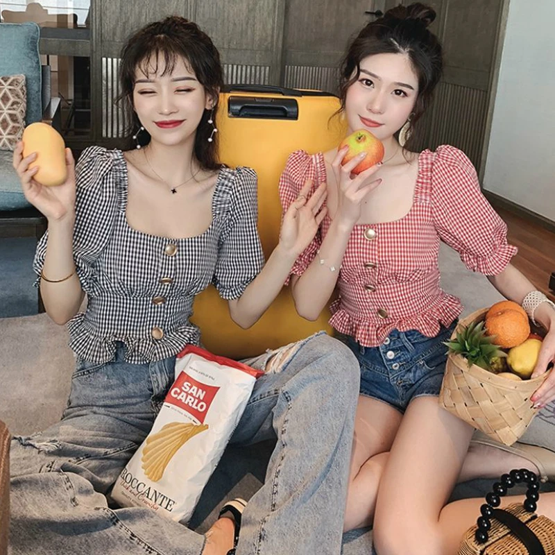 

Female Blouses New Square Collar Plaid Button Puff Sleeve Ruffles Short Tops Casual Sweet Summer Girls Female Tops