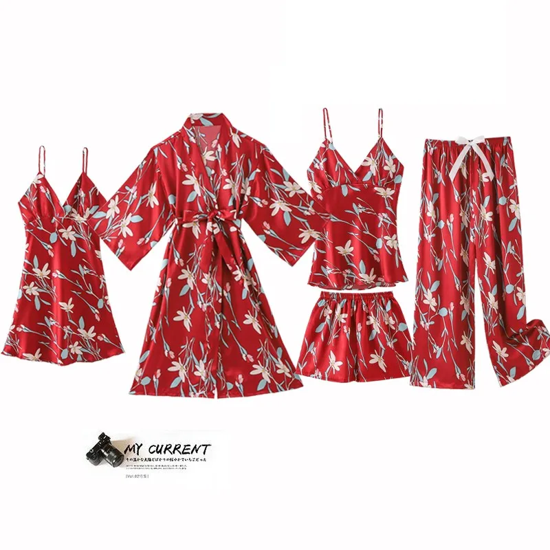 

Повседневное пижамный комплект атласные Для женщин пикантные 5 шт. халат костюм шелковая ночная рубашка халат кимоно с принтом пижамы с цве...