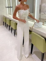 elegant women one piece suit boat neck strapless long jumpsuit feather tube top sexy evening party jumpsuit summer 2021