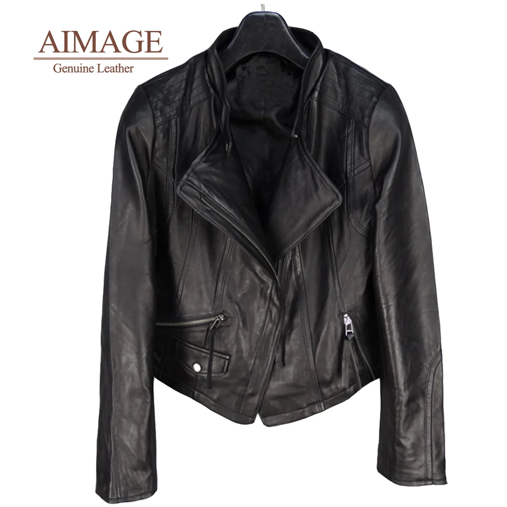 Lady Sheepskin Leather Jacket 100% Soft Motorcycle Overcoats Natural Mutil-Zipper Vintage Slim High Chaquetas Para Mujer  PY002
