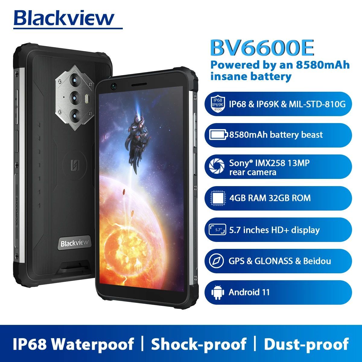 

Blackview BV6600E Dual 4G Smartphone 8580mAh Rugged Phone IP68 Waterproof Octa Core 4GB+32GB 5.7" Mobile Phone Android 11