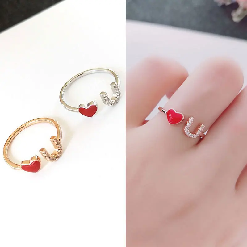 Простое Открытое кольцо с красным Цирконом в форме сердца LOVE YOU романтическое на палец из розового золота и