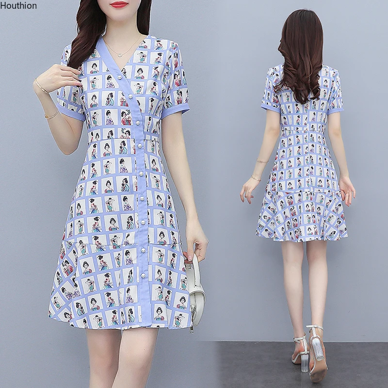 

Women's Dress Fashion Casual Dresses Short Sleeve V-neck Dress Character Printing Summer New Korean Large Size