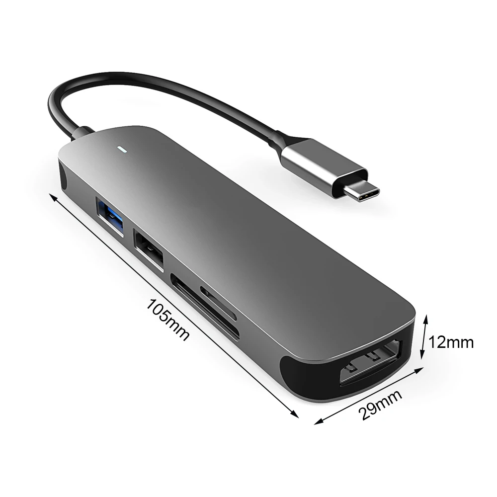 

5 in 1 Type C Adapter USB HUB with USB 2.0 USB 3.0 Type-C Charging Port 4K HDMI-Compatible Support TF SD Card for PC Phone
