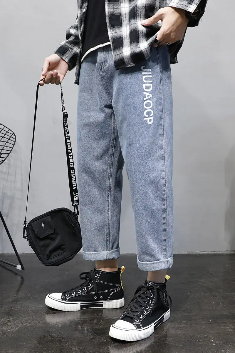 

2020 Spring And Autumn New Youth Popular Solid Color Letter Printing Loose Men's Jeans Fashion Casual Straight Pants Blue 27-36
