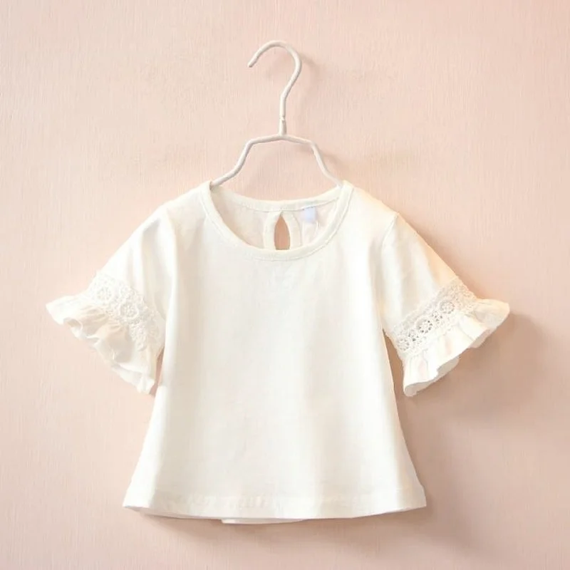 

Solid Cotton Lace Hollow Out Girl T-Shirts Summer New Flare Sleeved O-Neck 2021 Children Tops Tees