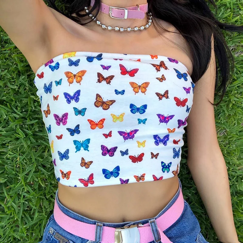 

2020 Women Summer Crop Top Tanks Tops Cute Sexy Streetwear Sleeveless Festival Party Clothes Ladies Butterfly Print