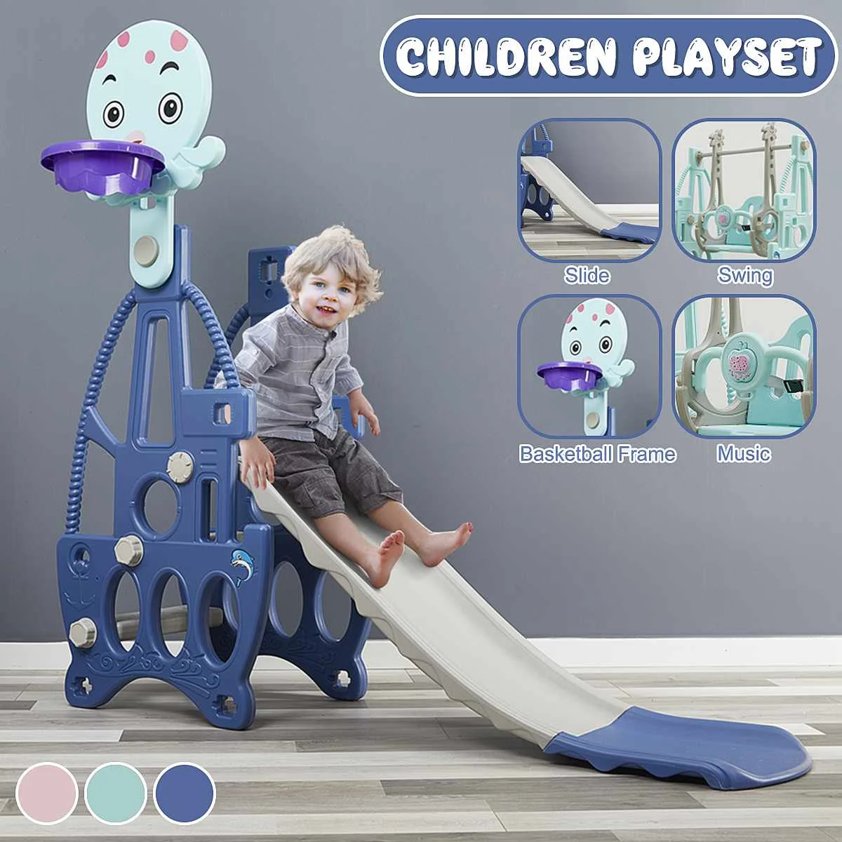 

3 in 1 Toddler Baby Swing Chair Slide Set Kids Indoor Playground with Basketball Hoop Music Kindergarten Outdoor Playset Gifts