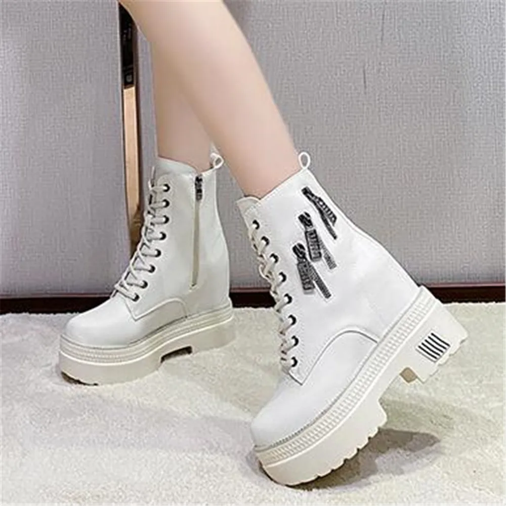 

Winter Keep Warm Fur Ankle Boots Women's Thick Bottom Leather Motorcycle Booties Female 10CM Heels Chunky Lace Up Sneakers Black
