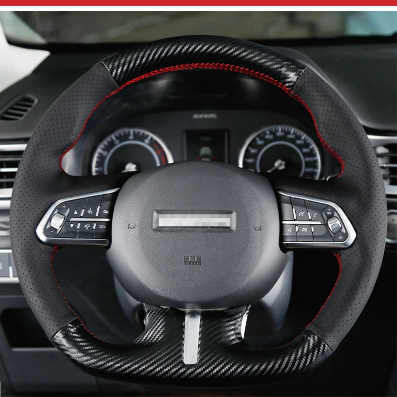 

smRKE For Haval F5 F7 Hand-stitched Anti-Slip Carbon Fibre Black Leather DIY Steering Wheel Cover