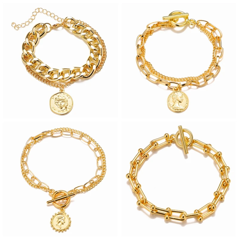 Поцелуй жена Панк золота многослойные браслеты цепочки и звенья Ретро Винтаж