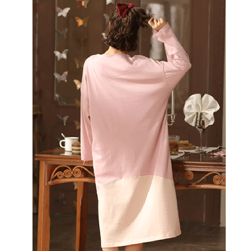 Women Nightgowns Pink 2021 New Spring And Autumn Cotton Nightdress Lovely Princess Long-Sleeve Sleepwear Female Nighty Q01