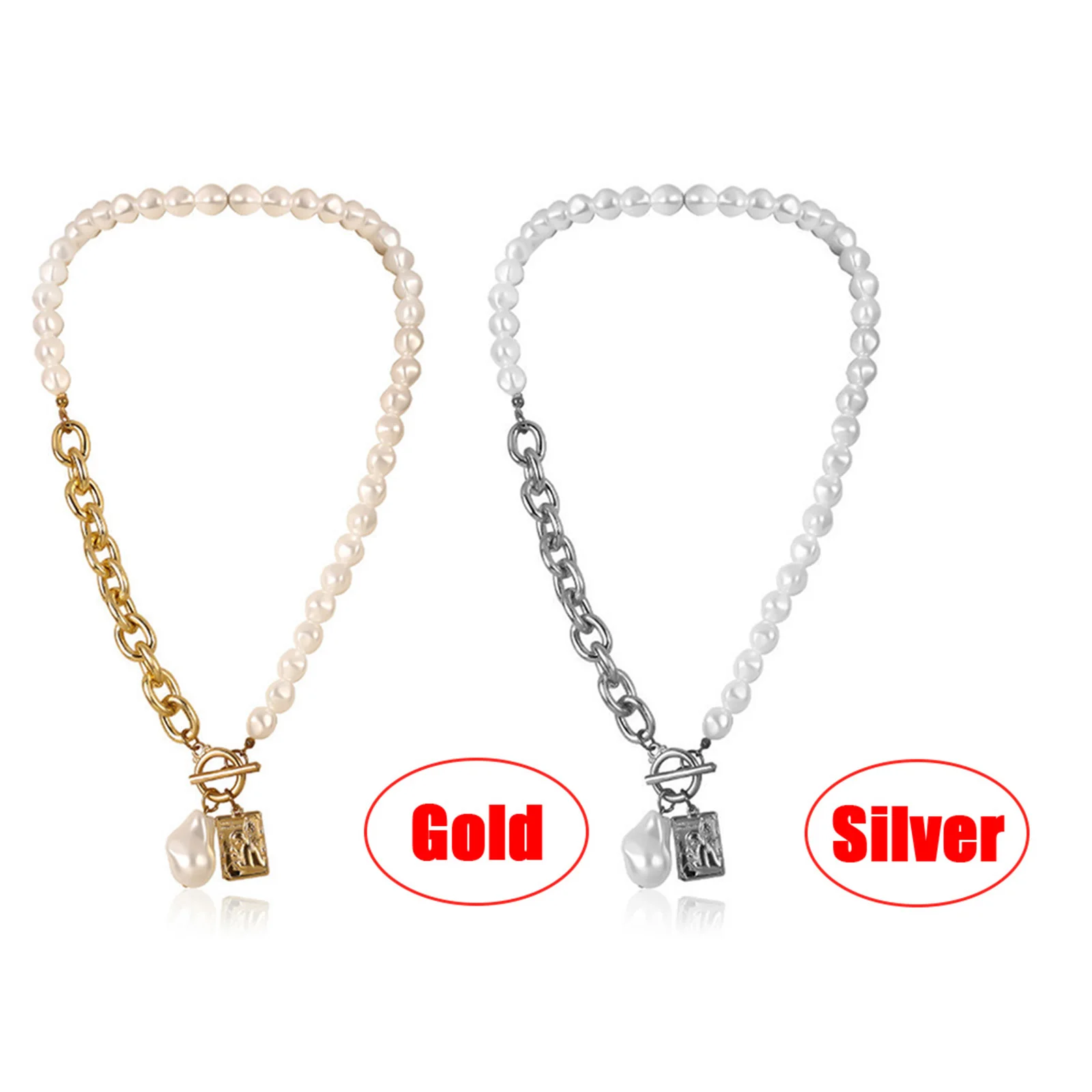 

Vintage Baroque Irregular Pearl Lock Chains Necklace For Women Punk Jewelry Geometric Pendant Love Necklaces