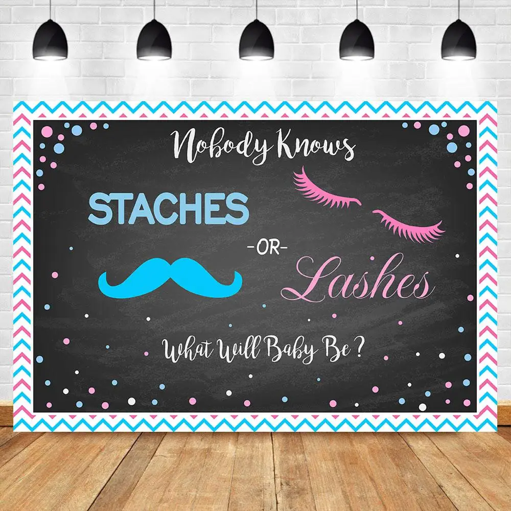 

Lashes or Staches Gender Reveal Backdrop Boy or Girl Pink Blue Baby Shower Party Background He or She Chalkboard Backdrops