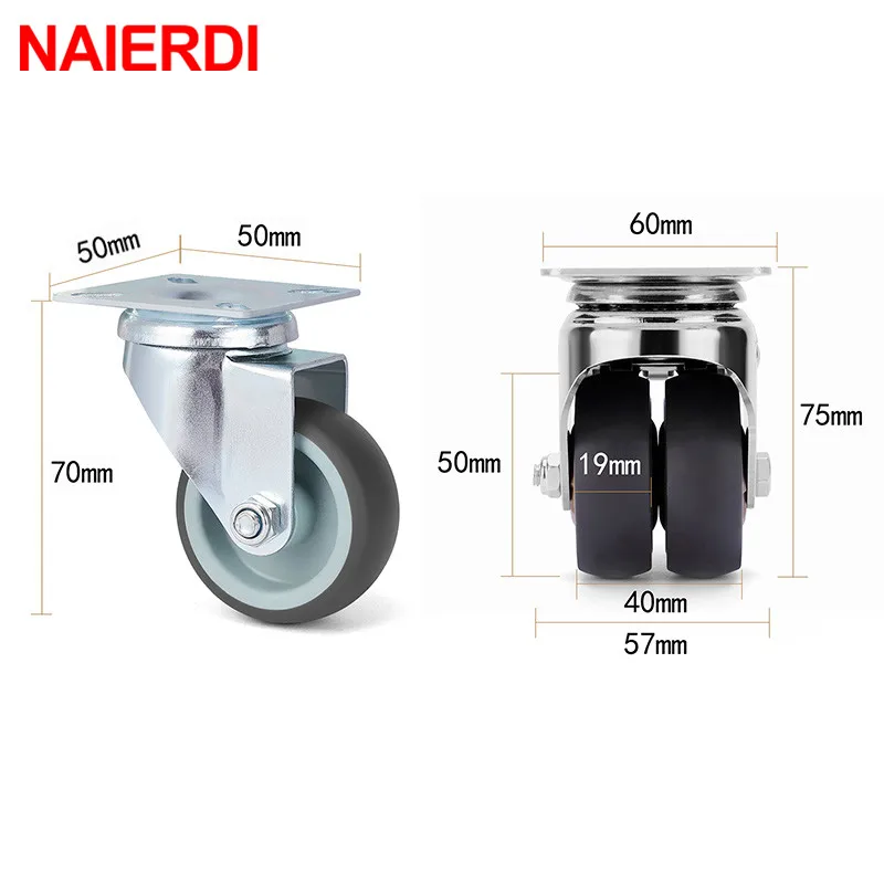 Ролики NAIERDI 2 дюйма 4 шт. с тормозом для платформы тележки мебели