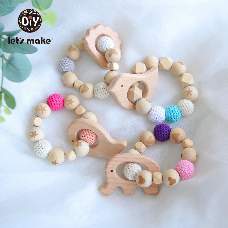 Браслеты погремушки Let's Make из бука с бусинами и ежиком сенсорные детские для игр