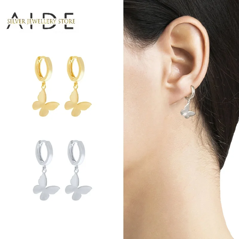 

AIDE Fashion Butterfly pendientes Hoop Earrings for Women INS Glossy Pierced 925 Sterling Silver Earings Fine Jewelry oorbellen