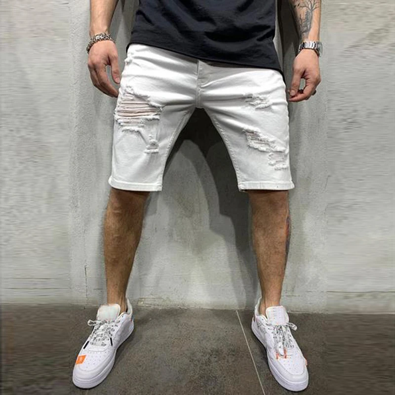 Summer Men White Skinny Ripped Denim Shorts Fashion Destroyed Frayed Short Jeans Men Casual Stretch Distressed Knee Length Jeans