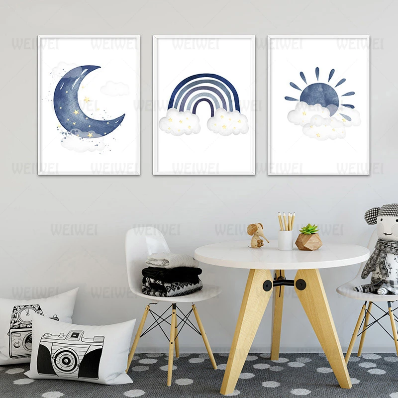 Детская комната синий холст Художественная печать Радуга солнце рисунок с Луной
