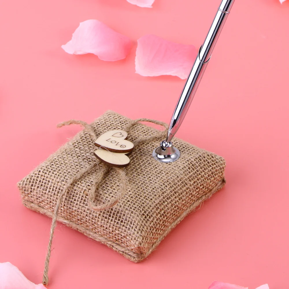 

Burlap Pen Holder and Silver Pen Set for Rustic Wedding Signature Gift Package