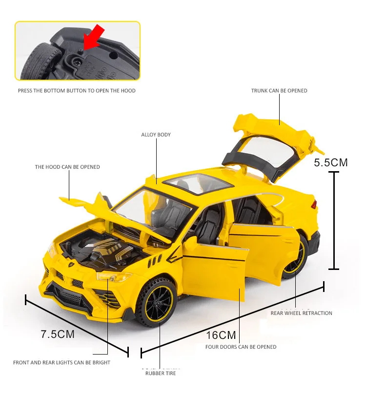 

1:32 Scale Alloy Diecast Car Model For TheLamborghini URUS Collection Model Pull Back Toys Car With Sound&Light- 023