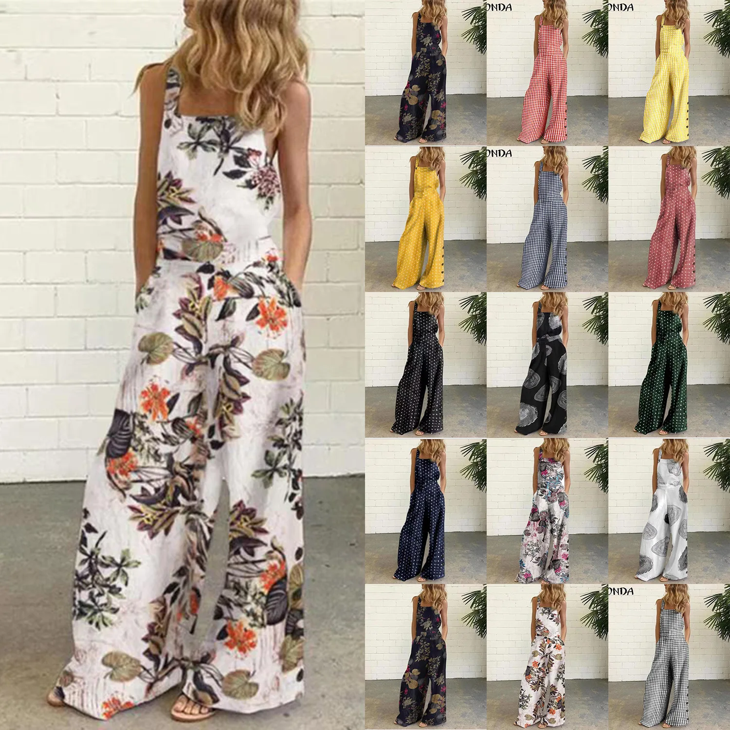 Cross-border summer 2021 new cotton and linen printed button decorative straps jumpsuits