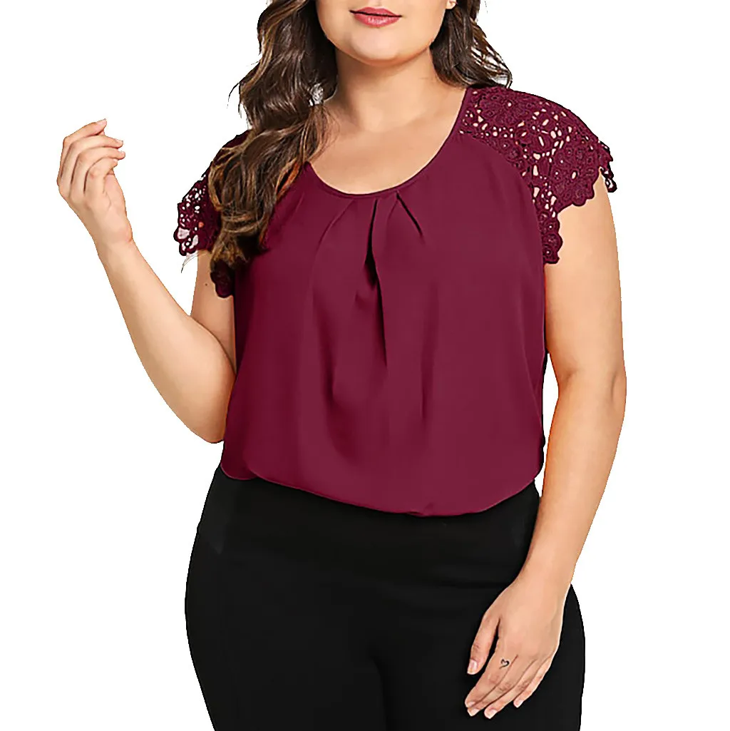 

Summer Hot Style Fashion Shirt Women's Large Size Solid O-neck Floral Lace Shoulder Round Neck Shirt Casual Top Women