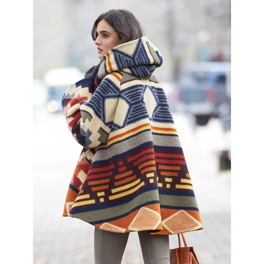

Bohemia Hooded Woolen Jacket Coat 2020 Fashion Women Autumn Striped Prints Long-sleeved Cloak Blends Outwear Manteau Femme Hiver