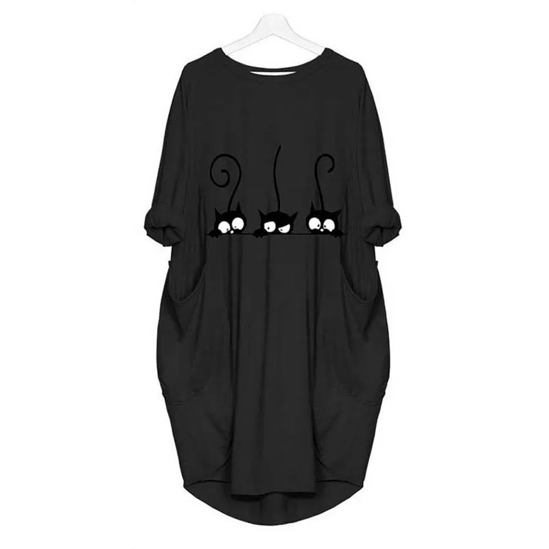 Осеннее платье для женщин с модным принтом кота круглым вырезом длинным рукавом