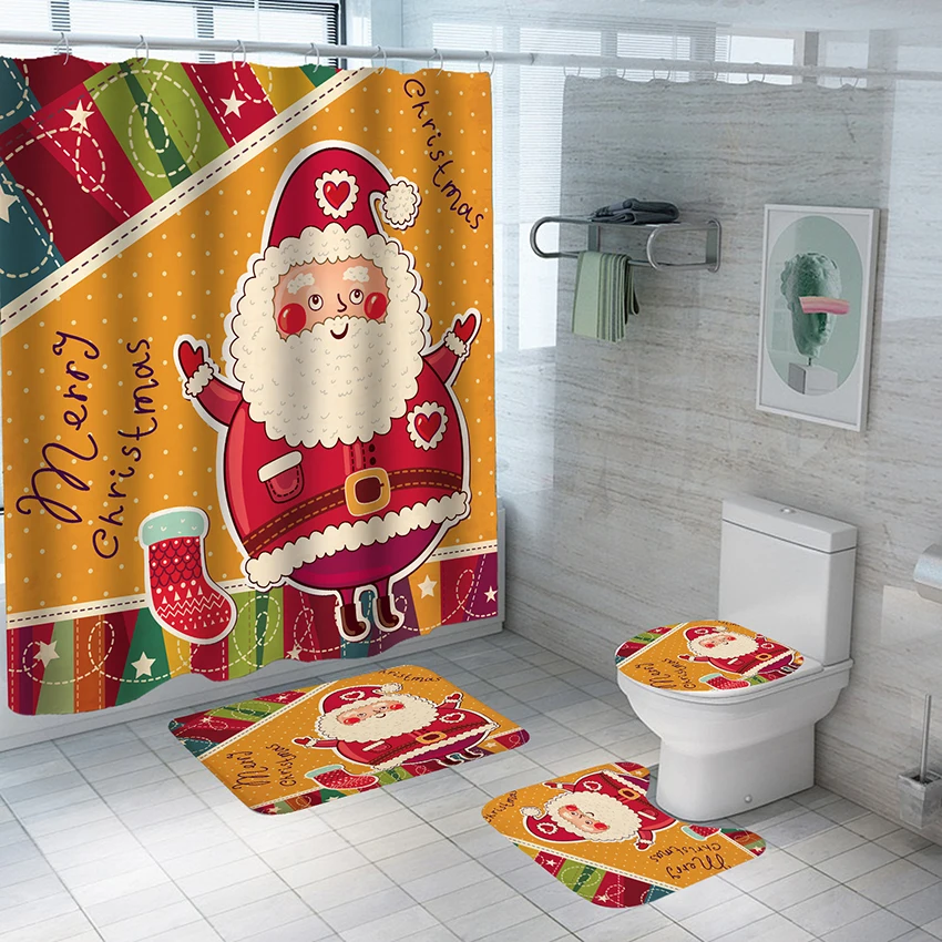 

4-pcs Bathroom Waterproof Polyester Non-perforated Shower Curtain Non-slip Absorbent Quick-drying Floor Mat Dustproof Toilet Mat