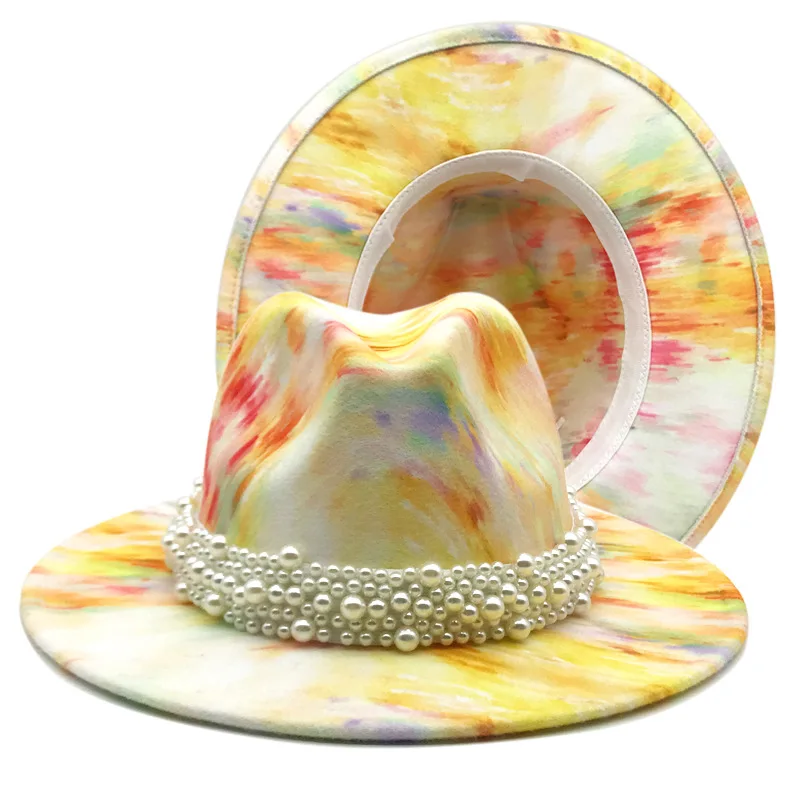 bulk price tie dyed fedora hat felt for women color mixed jazz hatchapeau femme шляпа женская sombreros de mujer pearl | Fedoras -1005002443954288