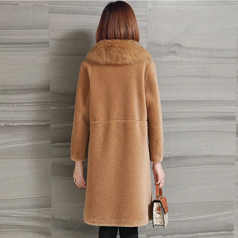 

2020 Winter Middle Age Women Korean Real Fox Fur Collar Coat Female Vintage Sheep Shearling Warm Plush Mid-long Overcoats H274