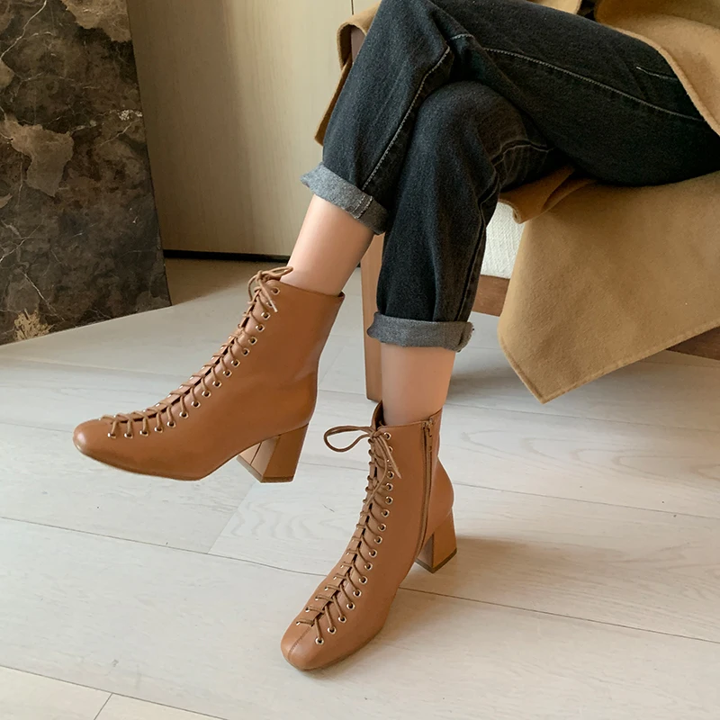 

MORAZORA Size 34-41 genuine leather boots women shoes thick high heels square toe lace up autumn winter ankle boots for woman