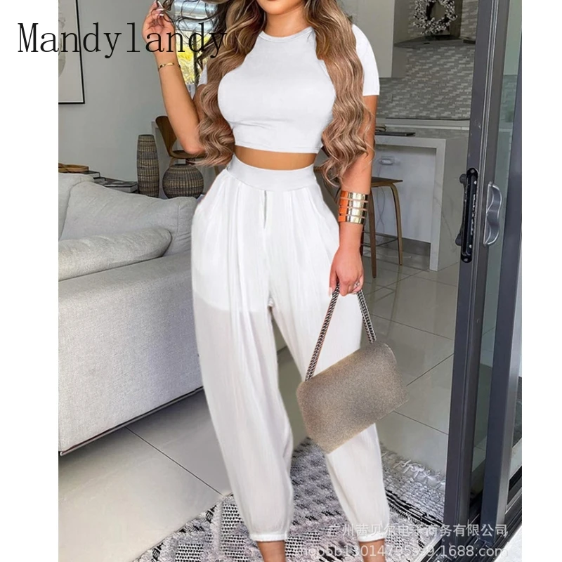 

Mandylandy Midriff Outfit Sexy Bandage 2 Two-piece Set Sleeveless Tops Tshirts Pants Casual Suit Casual High Waist Pants Suits