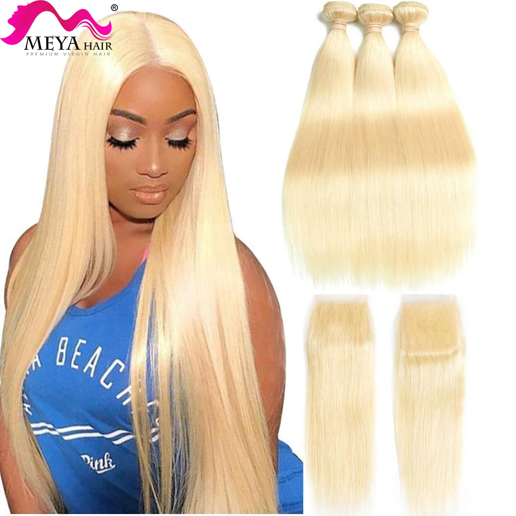 

28 30 32 inch Brazilian Virgin Human Hair Weave Straight 613 Honey Blonde 3 4 Bundles With HD Transparent Lace Closure Frontal