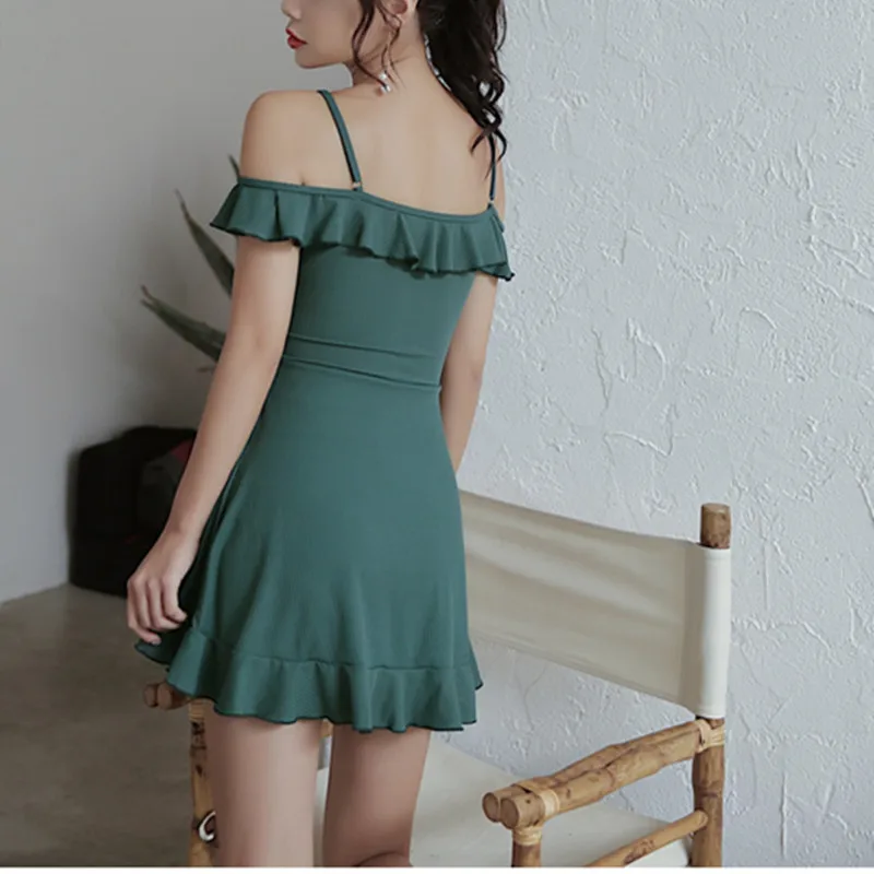 

Women's Swimsuit Ruffled Retro Solid Color Sling One Shoulder Hot Spring Swimming Fashion Sexy 2021 Summer New Products