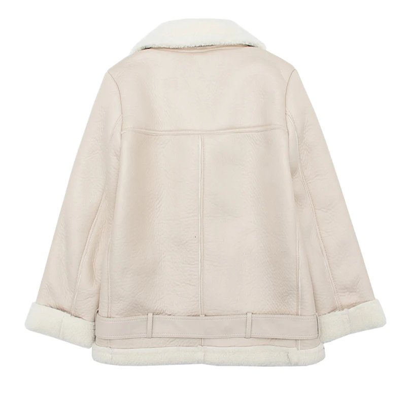 

Ly Varey Lin Women Beige Fur Faux Leather Jacket Coat Turn Down Collar With Belt Thick Warm Faux Lamb Leather Oversized Outwear